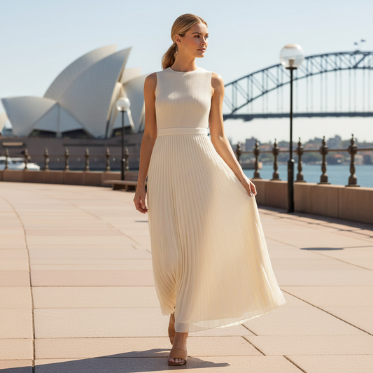 Maxi Vestido Creme com Barra Plissada | Vestido Longo