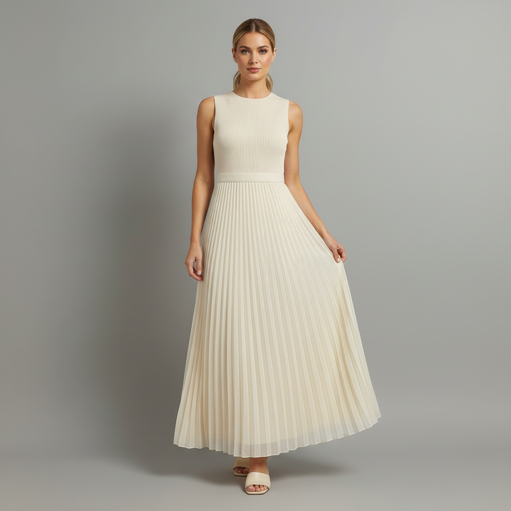 Maxi Vestido Creme com Barra Plissada | Vestido Longo