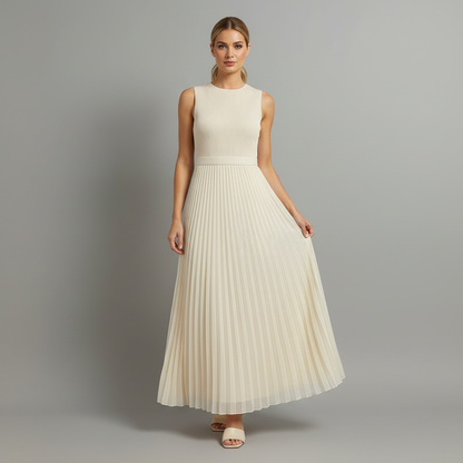 Maxi Vestido Creme com Barra Plissada | Vestido Longo