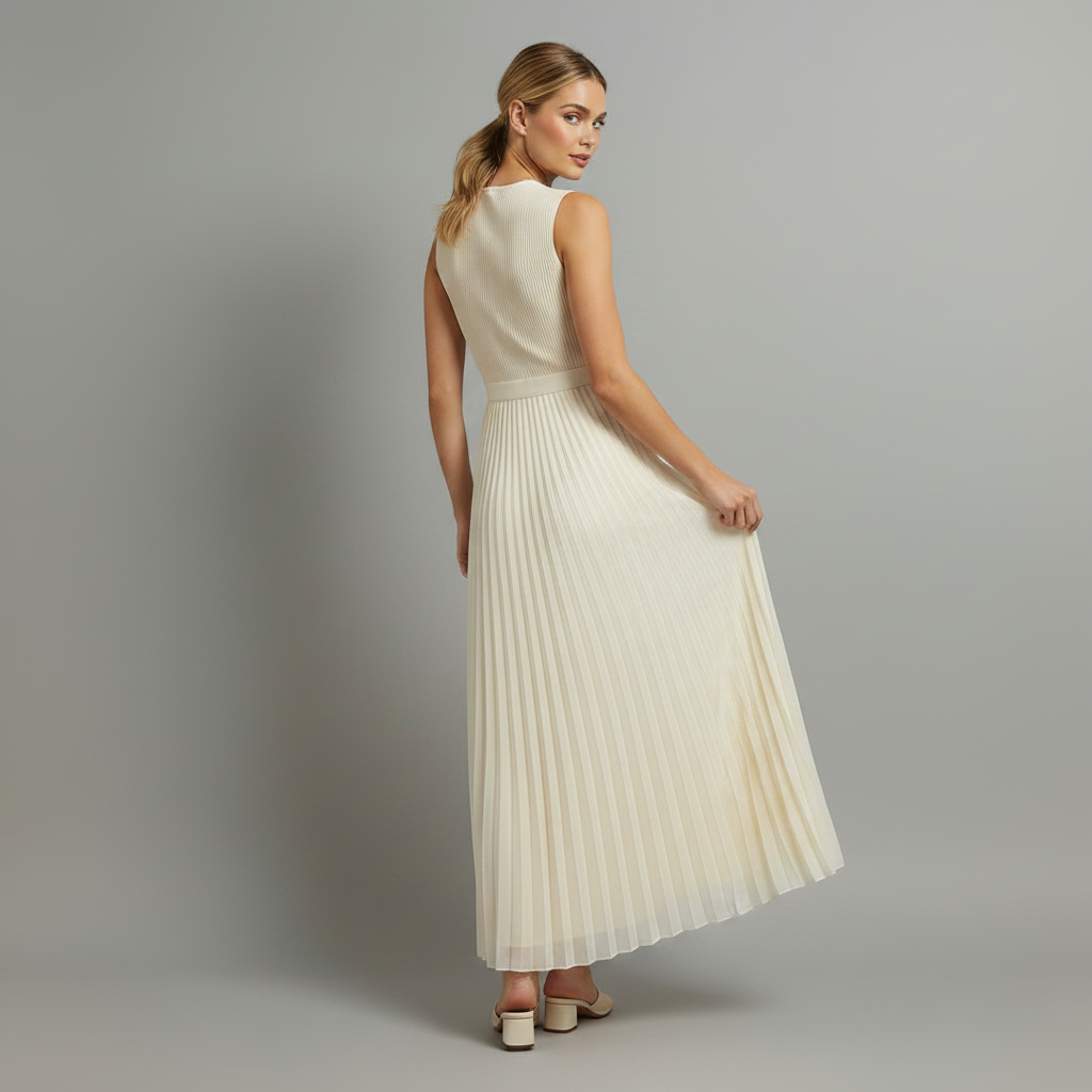Maxi Vestido Creme com Barra Plissada | Vestido Longo