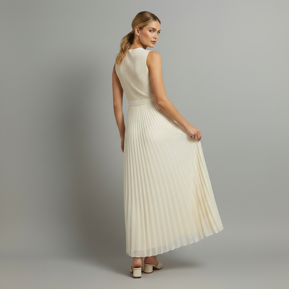 Maxi Vestido Creme com Barra Plissada | Vestido Longo