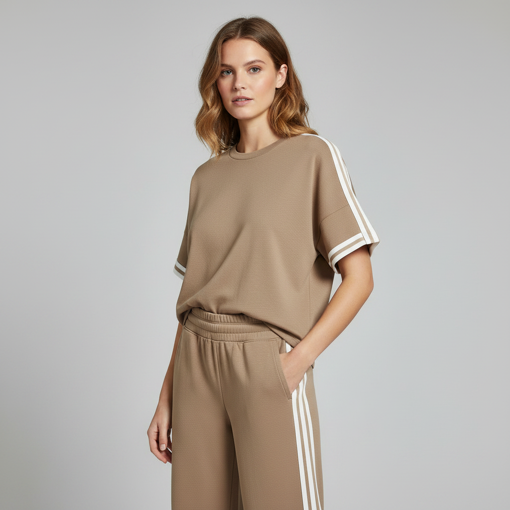 Conjunto Casual Esportivo com Camiseta Listrada Kaki e Calça