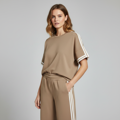 Conjunto Casual Esportivo com Camiseta Listrada Kaki e Calça