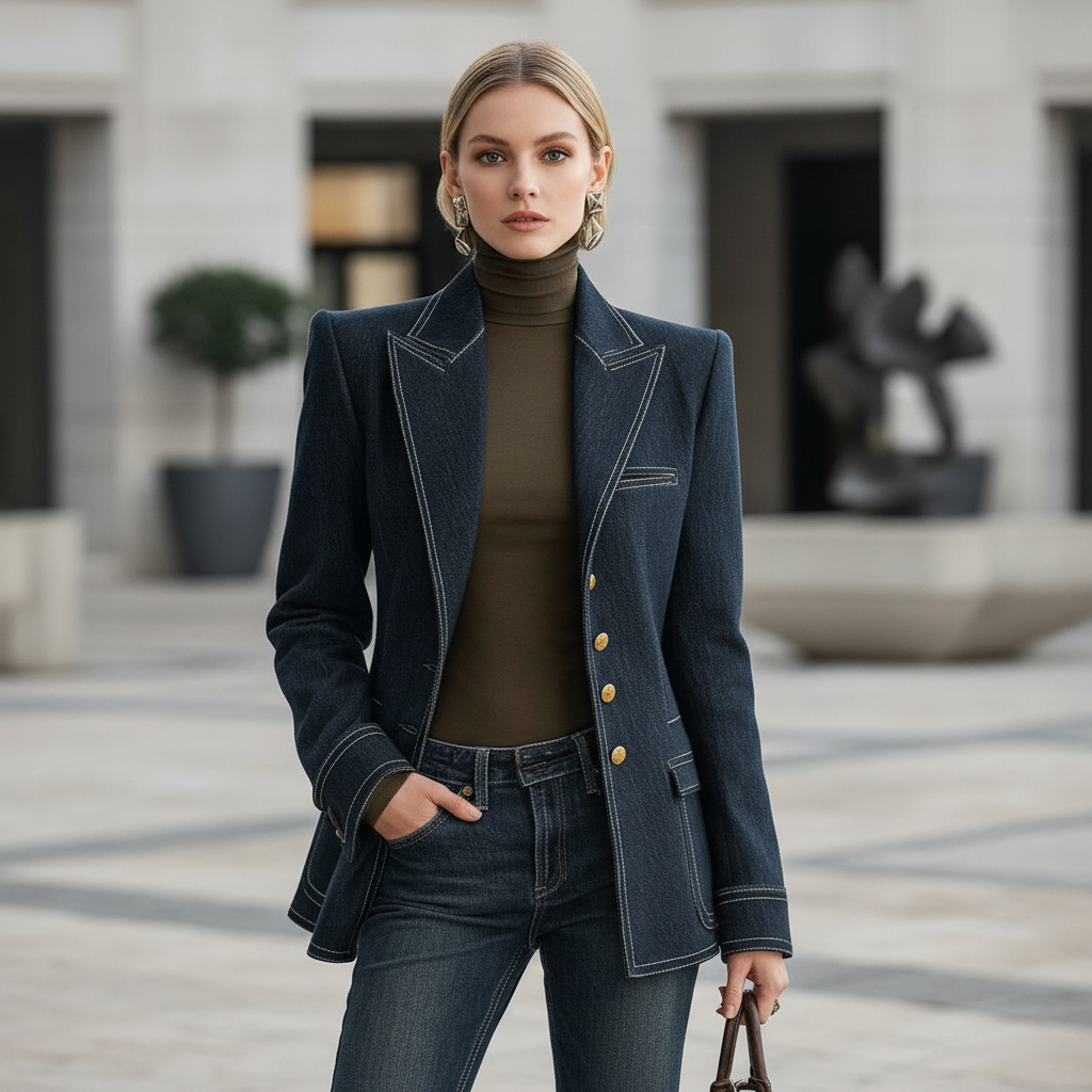 Jaqueta Jeans Azul Marinho Retro com Costura Matelassê