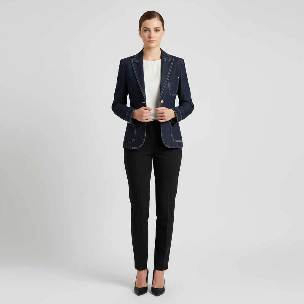 Jaqueta Jeans Azul Marinho Retro com Costura Matelassê