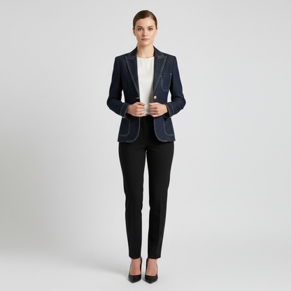 Jaqueta Jeans Azul Marinho Retro com Costura Matelassê