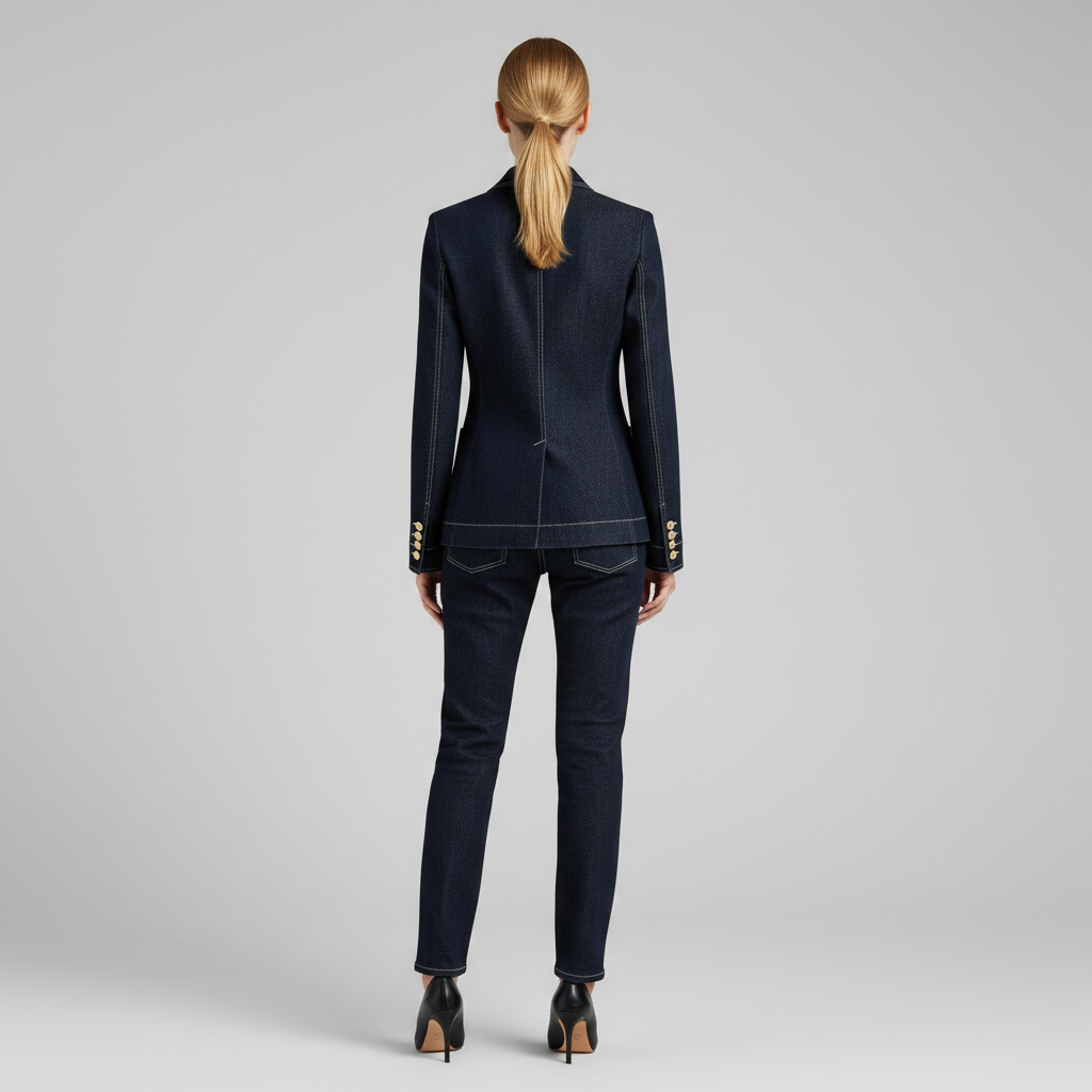 Jaqueta Jeans Azul Marinho Retro com Costura Matelassê