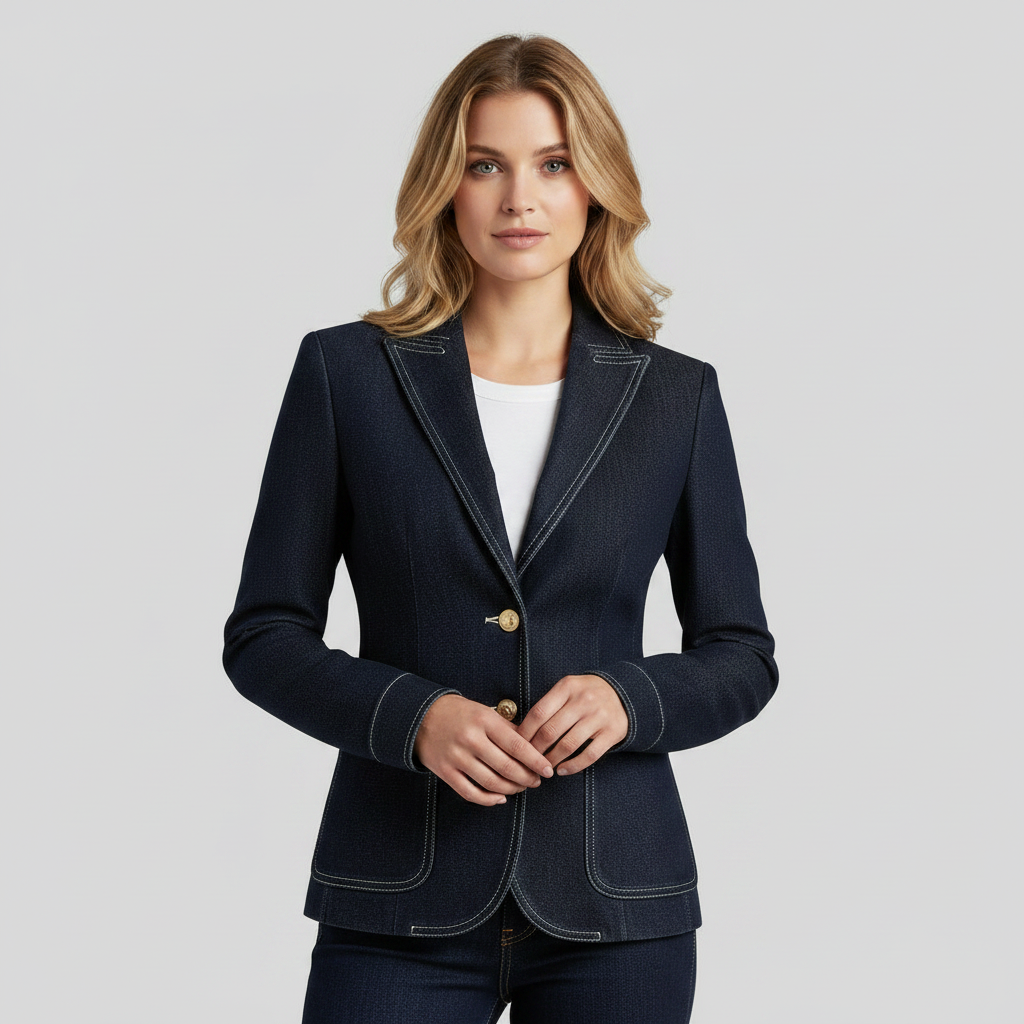 Jaqueta Jeans Azul Marinho Retro com Costura Matelassê