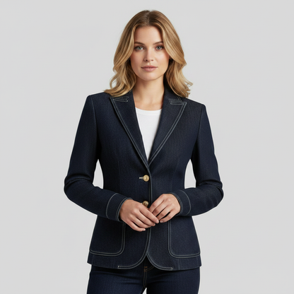 Jaqueta Jeans Azul Marinho Retro com Costura Matelassê