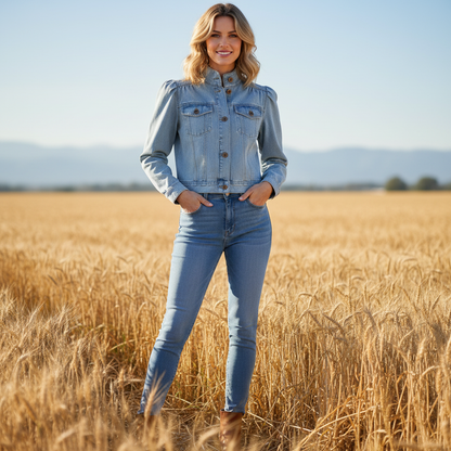 Jaqueta Jeans Azul Retro com Gola Alta e Botões Frontais