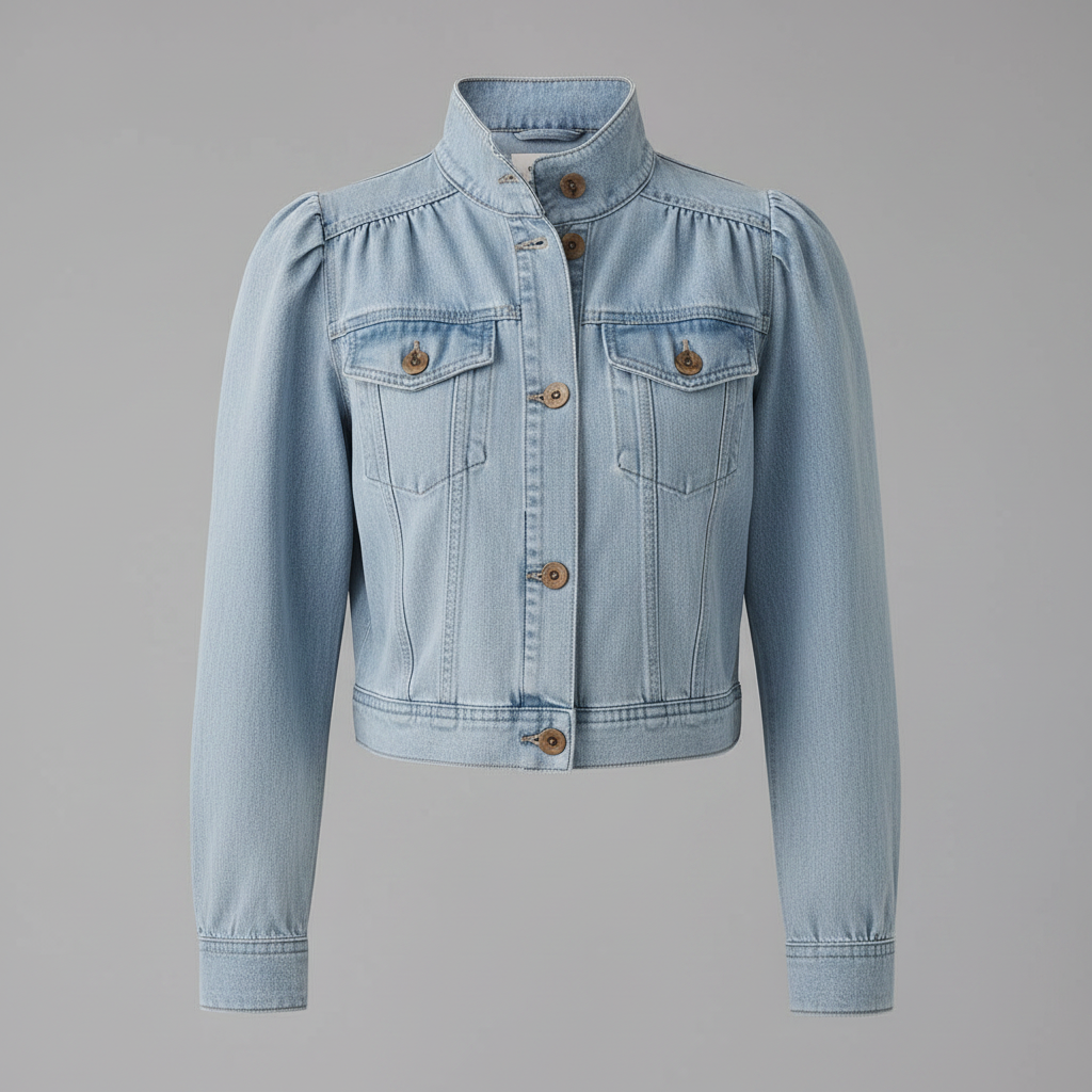Jaqueta Jeans Azul Retro com Gola Alta e Botões Frontais