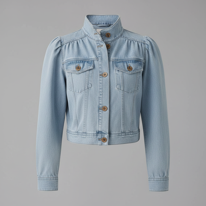Jaqueta Jeans Azul Retro com Gola Alta e Botões Frontais