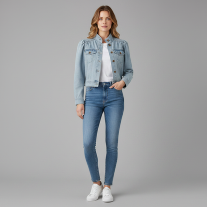 Jaqueta Jeans Azul Retro com Gola Alta e Botões Frontais