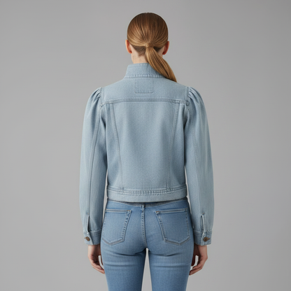 Jaqueta Jeans Azul Retro com Gola Alta e Botões Frontais