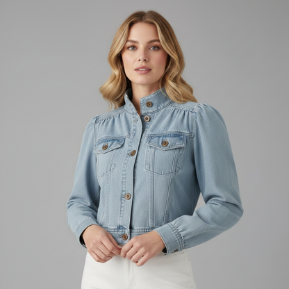 Jaqueta Jeans Azul Retro com Gola Alta e Botões Frontais