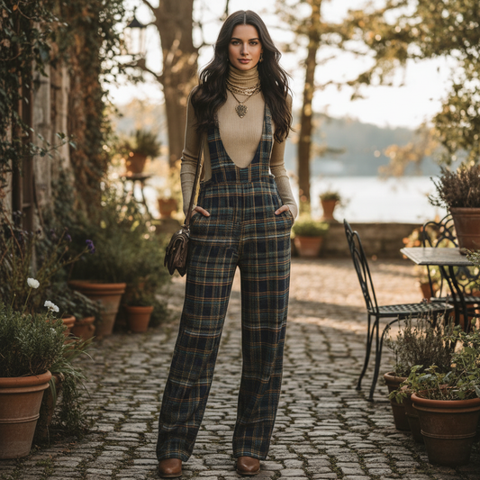 Macacão Azul Xadrez Retro | Pantalonas Largas com Fecho Lateral