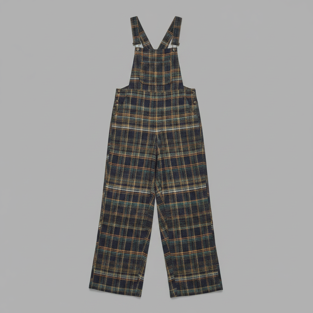 Macacão Azul Xadrez Retro | Pantalonas Largas com Fecho Lateral