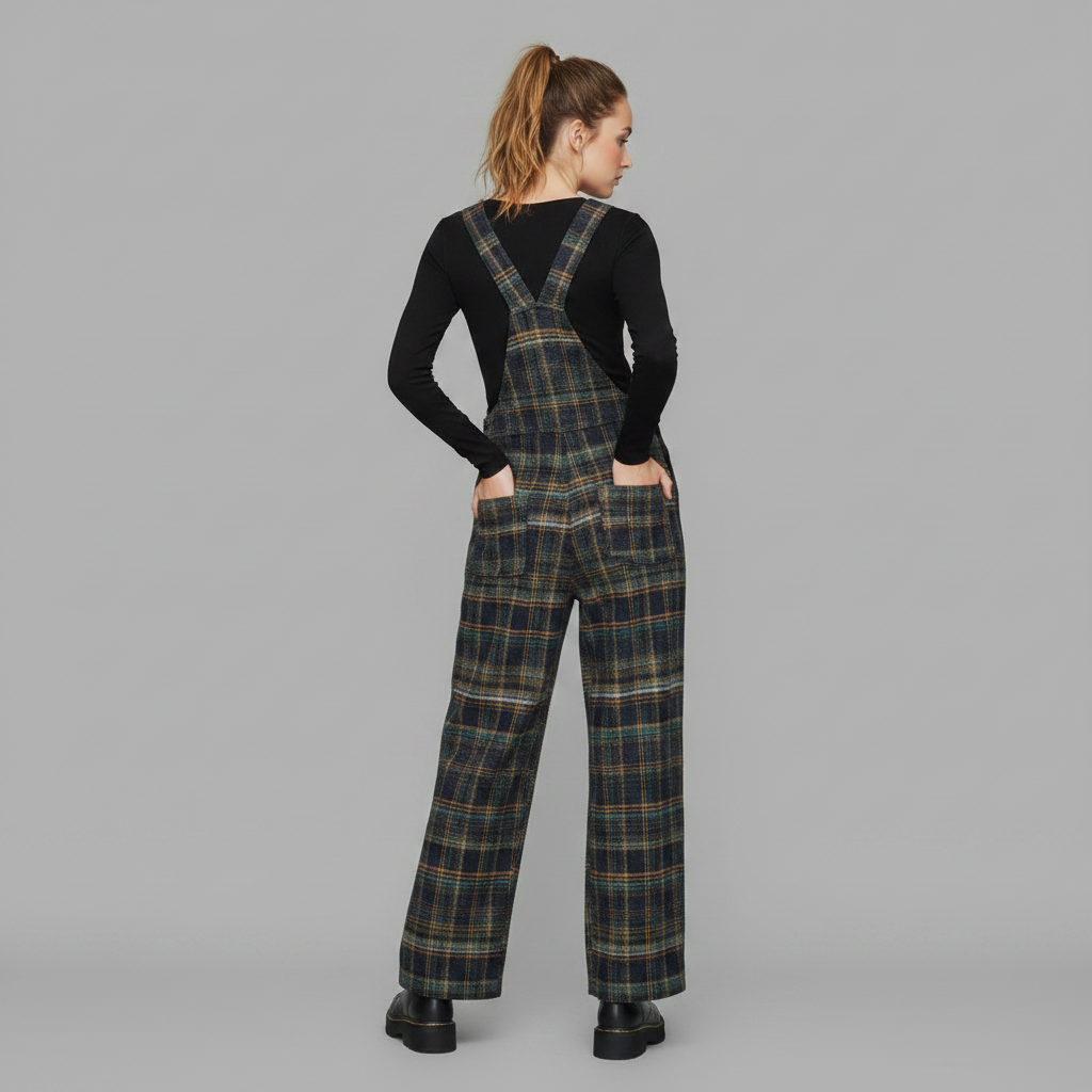 Macacão Azul Xadrez Retro | Pantalonas Largas com Fecho Lateral