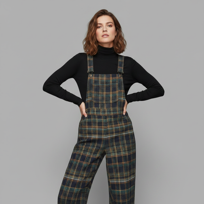 Macacão Azul Xadrez Retro | Pantalonas Largas com Fecho Lateral