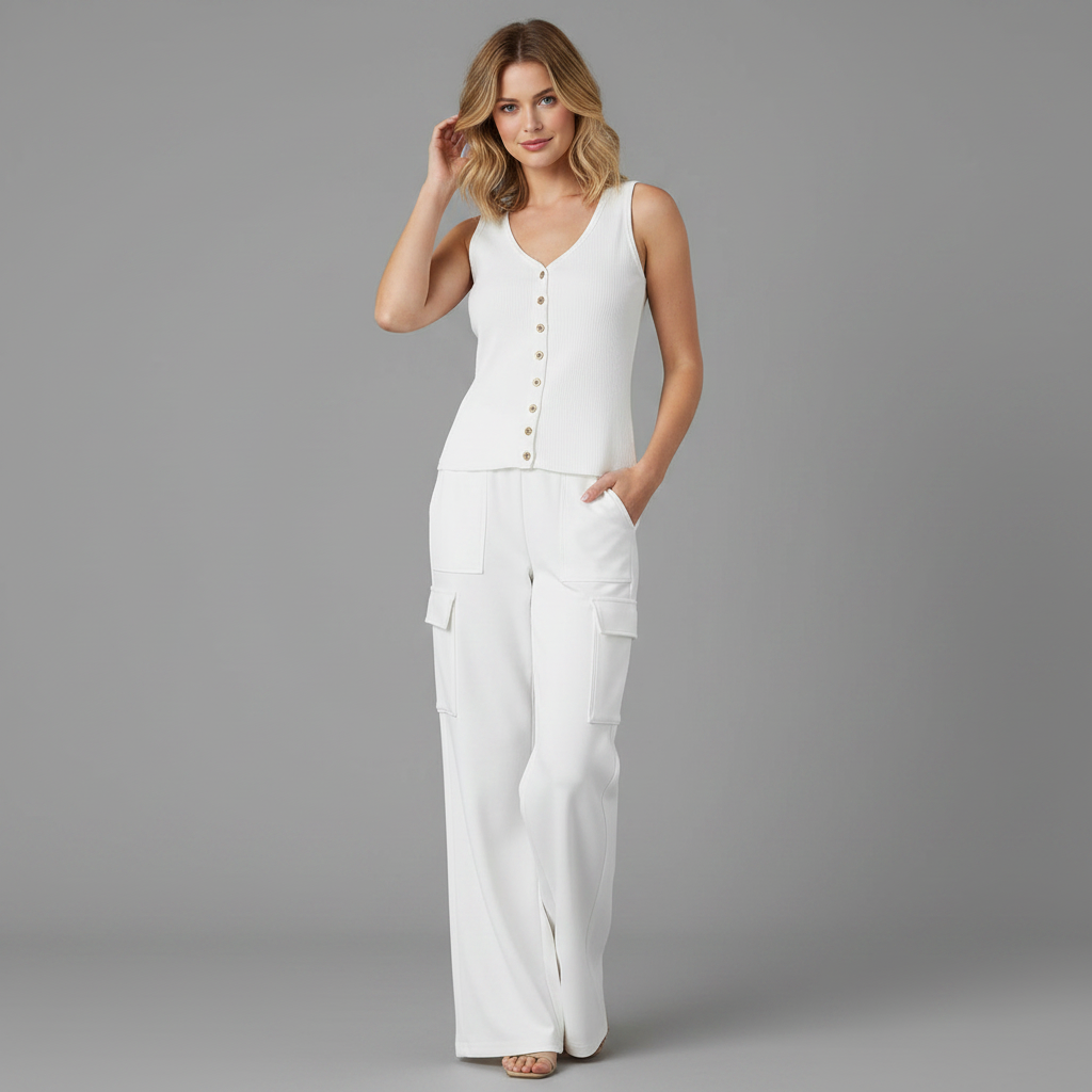 Conjunto Malha Mulher V-Neck com Calça Cargo | Moda Casual