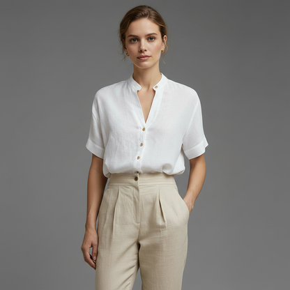Blusa Branca de Linho com Gola Alta | Camisas Mulher Casual