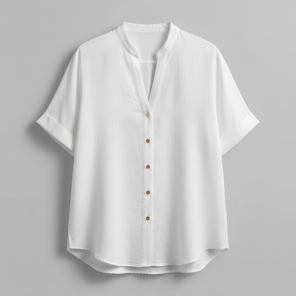 Blusa Branca de Linho com Gola Alta | Camisas Mulher Casual