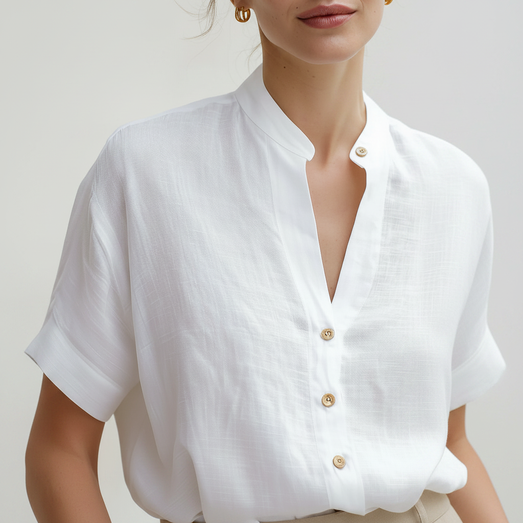 Blusa Branca de Linho com Gola Alta | Camisas Mulher Casual