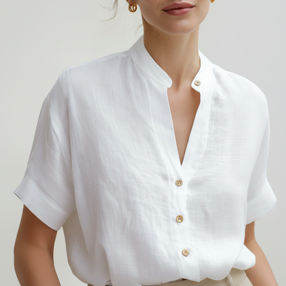 Blusa Branca de Linho com Gola Alta | Camisas Mulher Casual