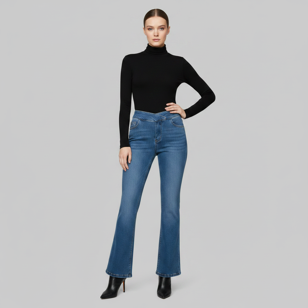 Helena | Jeans Stretch Feminino com Cintura Alta e Barra Flare