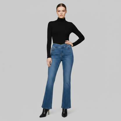 Helena | Jeans Stretch Feminino com Cintura Alta e Barra Flare