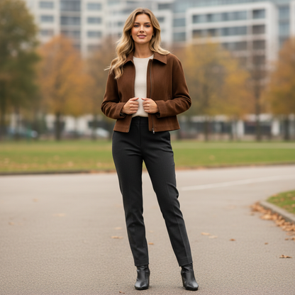 Jaqueta Curta Casual em Suede com Zíper e Bolso