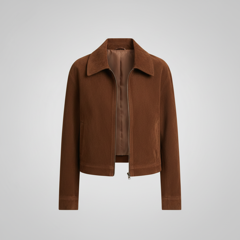 Jaqueta Curta Casual em Suede com Zíper e Bolso