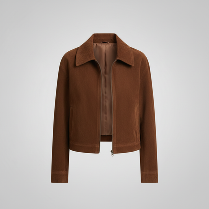 Jaqueta Curta Casual em Suede com Zíper e Bolso